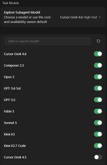CursorのTask Models設定画面。Explore SubagentがCursor Grok 4.6 High Fast、標準一覧にGrok 4.6（2026年8月13日時点）