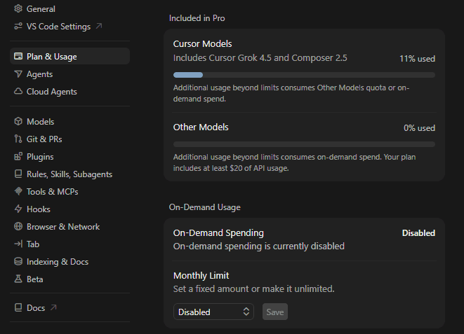 Plan & Usage画面。On-Demand SpendingがDisabledになっている例（2026年7月時点）