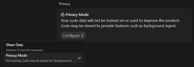 Cursor設定のPrivacyでPrivacy Modeが選択されている画面