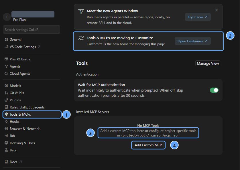 Cursor Settingsの Tools & MCPs 画面。左メニューの項目、Customizeへの移行バナー、mcp.jsonのパスを示す説明文、Add Custom MCPボタンに1から4の番号を振った注釈つきスクリーンショット
