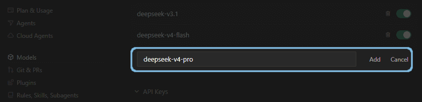 Cursorのadd custom model画面でdeepseek-v4-flashを追加しているところ