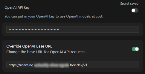 CursorのModels画面でOpenAI API KeyとOverride Base URLを設定しているところ