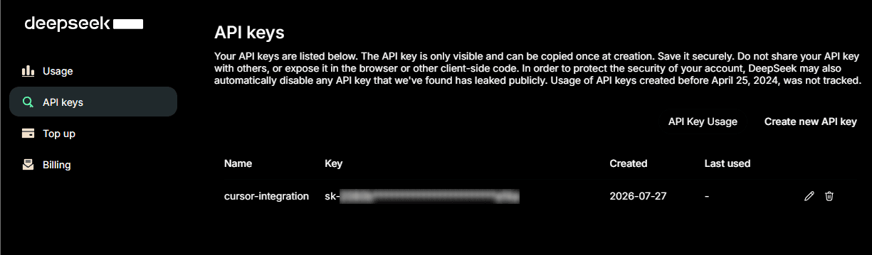 DeepSeekのAPI Key一覧画面