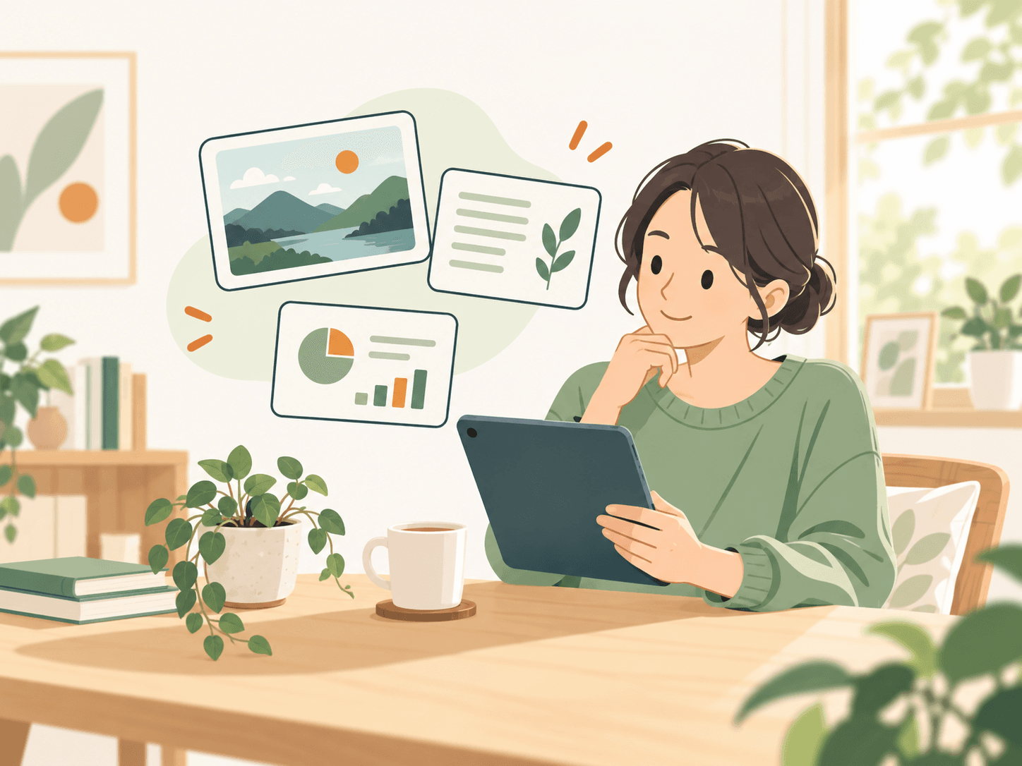 自宅で気軽にタブレットを眺める人物と、文章や画像の活用イメージ