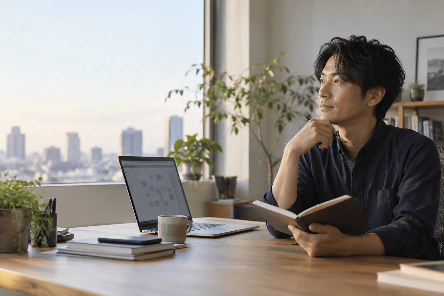 ノートを広げ、パソコンの前で学習方法を考える人物のイメージ