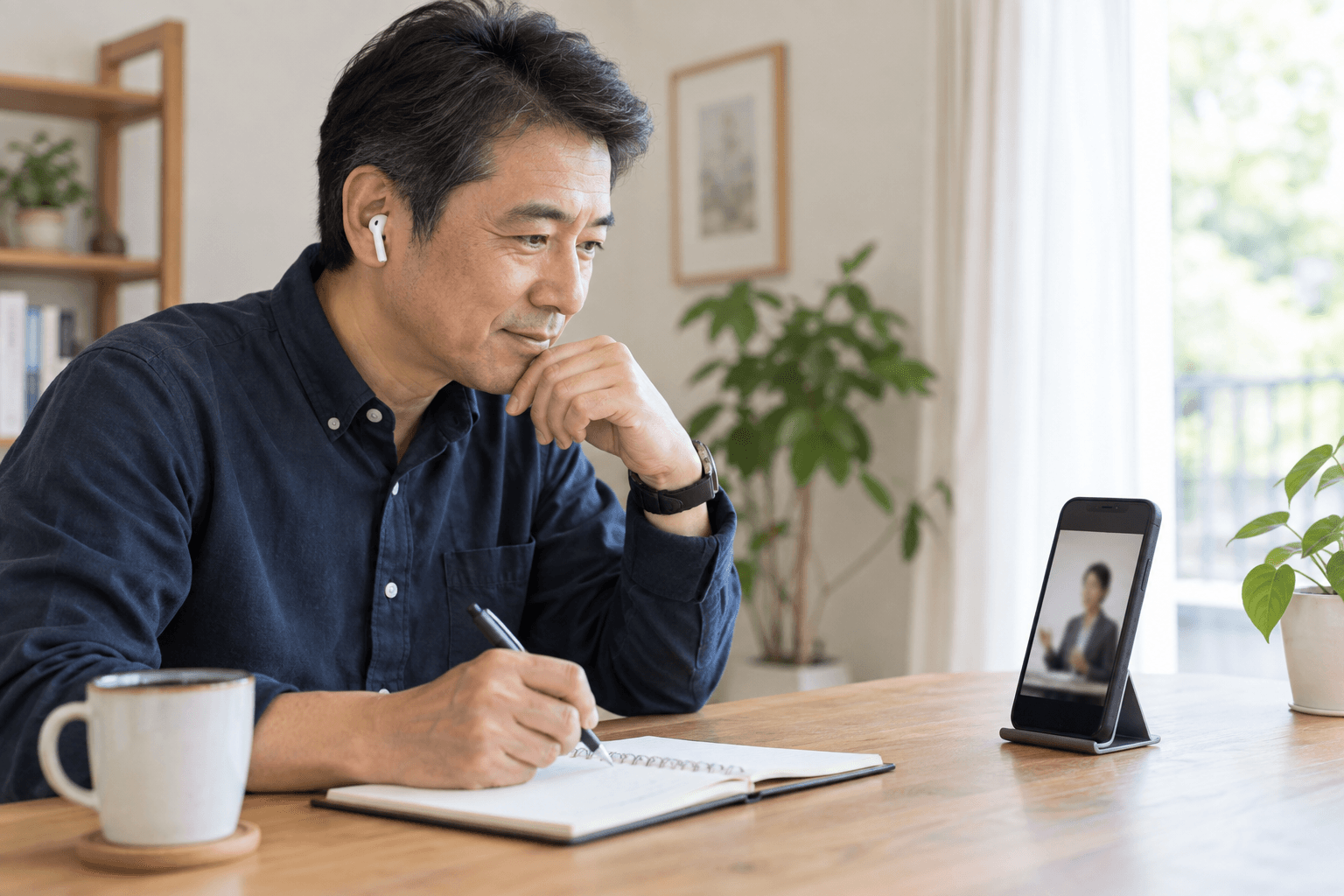自宅でスマートフォンからオンラインセミナーを視聴しながら、ノートにメモを取る人のイメージ